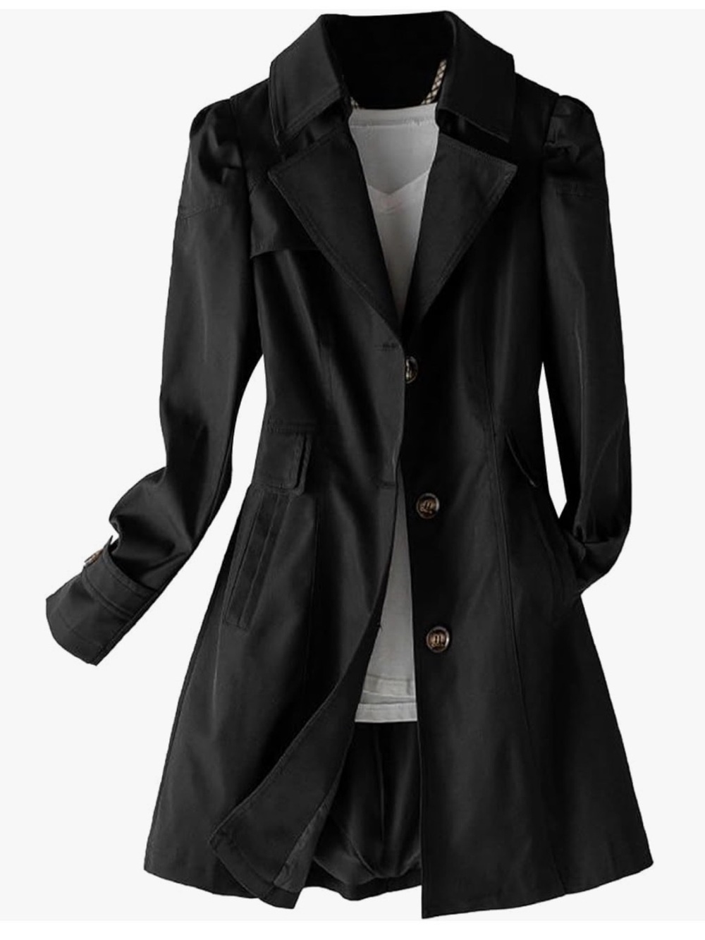 Women's Single Breasted Mid-Length Trench Coat Puff Sleeve Lapel overcoat